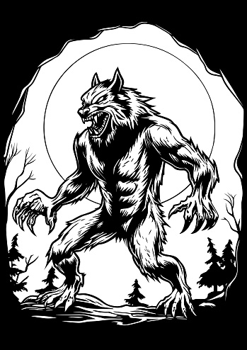 Spooky line art illustration of fierce werewolf in the forest at night.