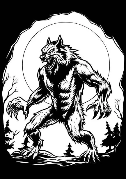 Vector illustration of Werewolf at Night Line Art