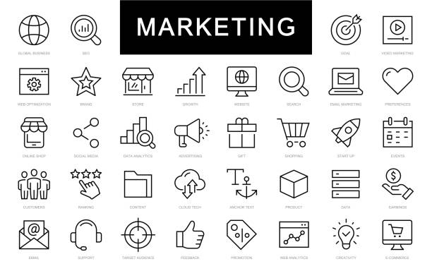 ilustrações de stock, clip art, desenhos animados e ícones de marketing thin line icons set. digital marketing editable stroke icons set. marketing & advertising icon collection. vector - advertise