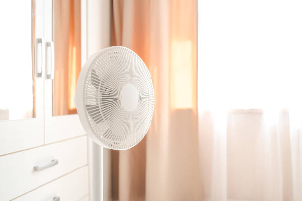 istock White desktop electric fan on light white room. Minimal concept with copy space 1598710866