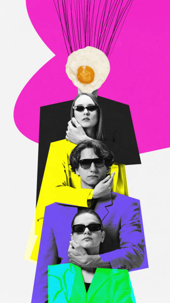istock Art collage with egghead boss with team in bright jackets over white background. Symbolizing smart human brainstorming, making decision. 1598715733