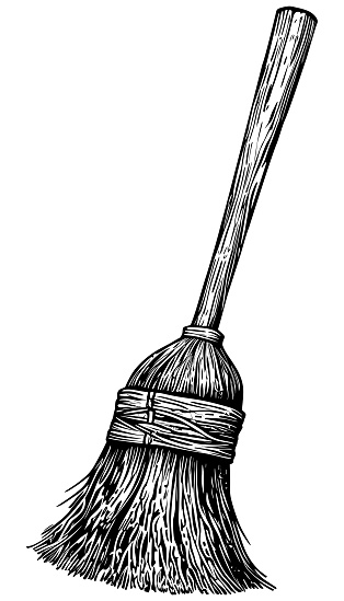 Woodcut style illustration of witches broomstick isolated on white background.