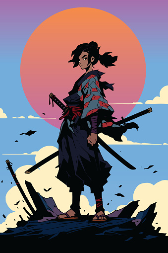 Anime style samurai girl standing tall on vertical sunset background.