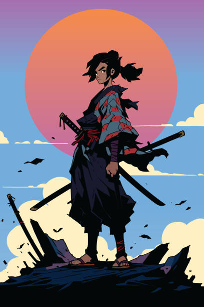Teenage Samurai Girl Anime Anime style samurai girl standing tall on vertical sunset background. samurai stock illustrations