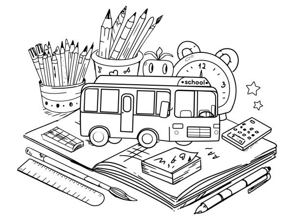 vector school stationery, coloring page back to school, school stationery, toy bus,coloring page clipart of school supplies stock illustrations