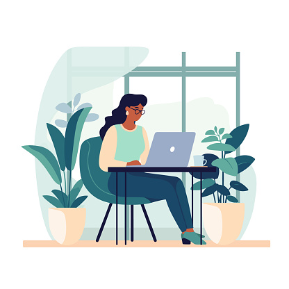 Woman sitting at the desk with laptop, work place modern concept, vector illustration.