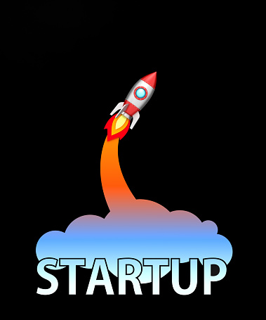 Space rocket on the black background. Lucky business startup. Successful takeoff. To the moon concept.