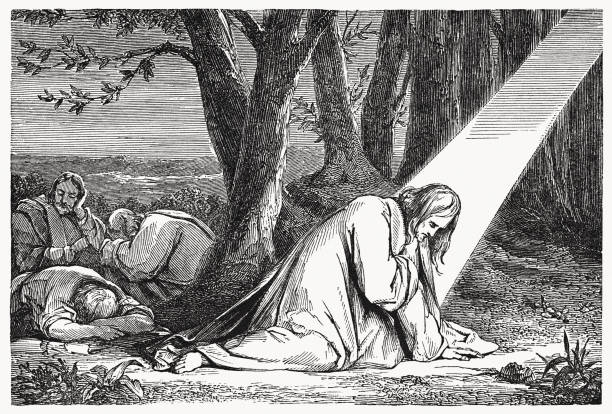 Jésus dans le jardin de Gethsémani (Matthieu 26), gravure sur bois, 1837 - Illustration vectorielle