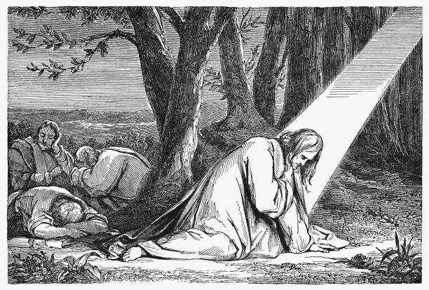 겟세마네 동산의 예수(마태복음 26장), 목판화, 1837년 - garden of gethsemane stock illustrations