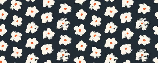 Vector illustration of Seamless patterns with white chamomile flowers on dark background.