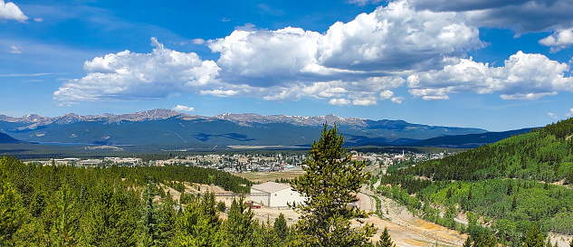 Leadville, Colorado seen from above. Blue sky and Rocky Mountains behind.