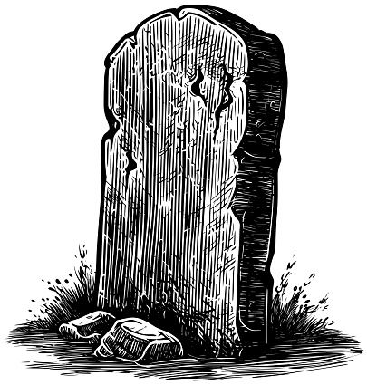 Woodcut style illustration of creepy tombstone isolated on white.