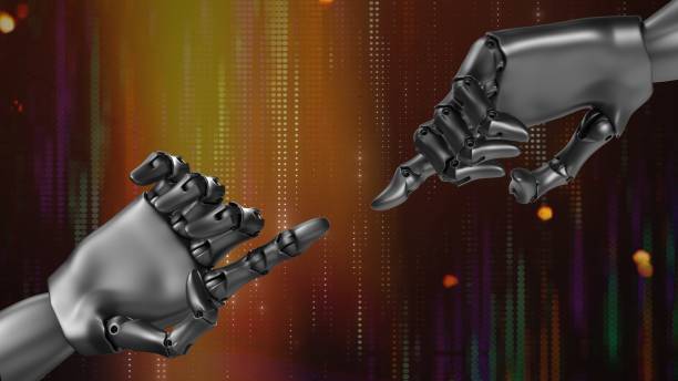 istock Robot hands pointing towards each other 1598747723