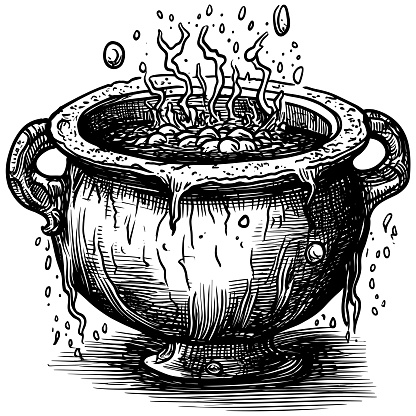 Linocut style illustration of boiling witches cauldron.