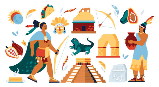 Mayan and Indian life - flat design style illustration set. High quality colorful images of indigenous people - a hunter and a woman with a jug, a pyramid, an iguana, a stone house, a bow and arrows