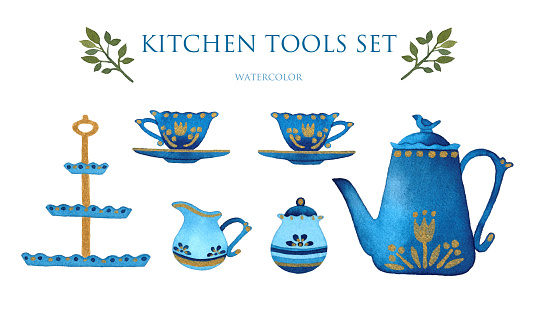 Watercolor clipart set with blue tea set - kettle, cup and saucer, sugar bowl, cream pitcher and dessert stand