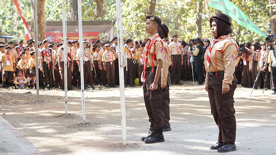 Madiun, Indonesia, 02 Juni 2023 : Indonesian scouts in jamboree activity and ceremony.