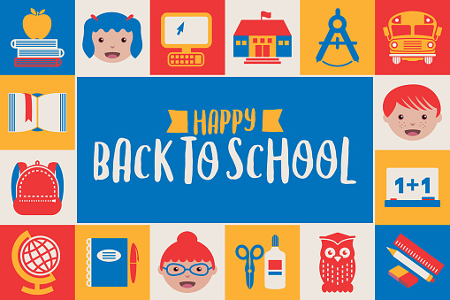 Card design for Back to School with a frame made of related icons and symbols. School-related banner/card design.