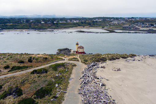 Aerial view Coquille River Lighthouse on the Oregon Coast near Bandon beach.