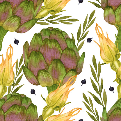 Watercolor seamless pattern with artichoke, zucchini flowers and dry black pepper