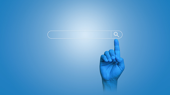 The blue hand indicates the SEO visual screen. With a blank search bar, the premise is Search engine Browsing Internet Data Information. SEO Networking for Search Engines.