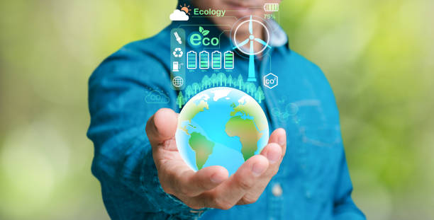 istock Net carbon neutrality. With relation to business, the hand of pollution and effective management with netzero symbols - renewable energy, decreased CO2 emissions, green production, and trash recycling 1598819241