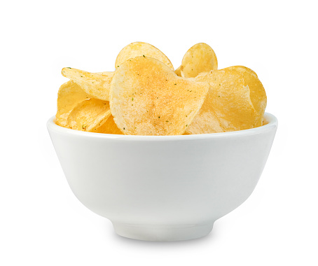 potato chips in bowl isolated on white background ,include clipping path
