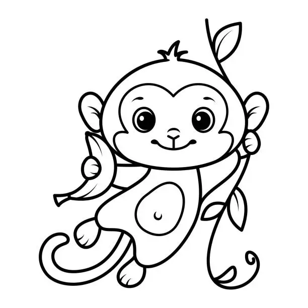 Vector illustration of Monkey with banana coloring page cartoon vector illustration