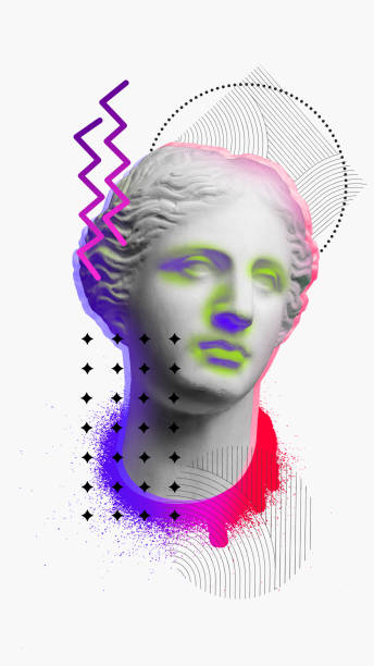 istock Surrealistic art collage with antique statue bust over white background with bright abstract elements. 1598833244