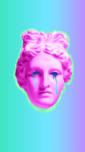 istock Pink antique statue bust with cut out eyes and tears over gradient background. Contemporary art collage. 1598833249