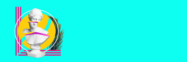 istock Antique statue bust with broken face parts on vivid blue background with abstract bright elements. Contemporary art collage. Banner. Copy space for ad. 1598833261