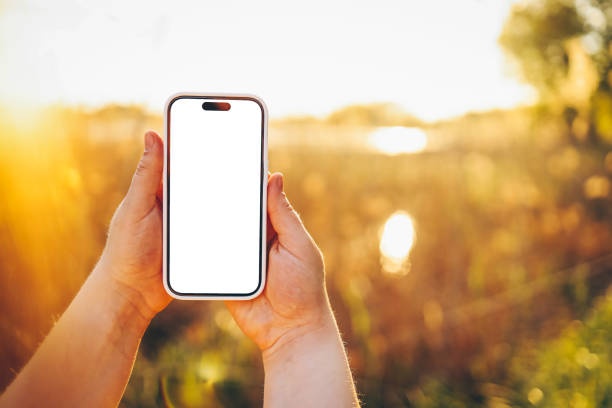 istock Phone in hands with isolated screen at sunset 1598837684