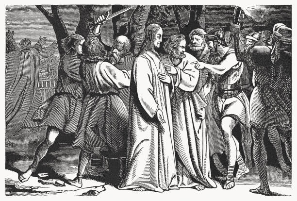 illustrations, cliparts, dessins animés et icônes de capture de jésus (matthieu 26, 47-56), gravure sur bois, publiée en 1837 - garden of gethsemane