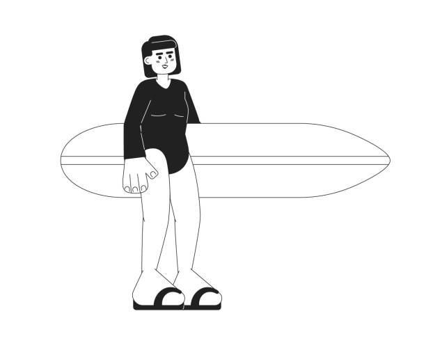 illustrazioni stock, clip art, cartoni animati e icone di tendenza di ragazza del surfista che tiene il carattere vettoriale piatto monocromatico della tavola da surf - one person white background swimwear surfboard