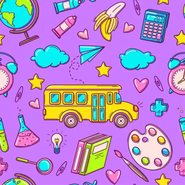 Vector illustration of Bright seamless pattern with school bus and supplies and creative elements in doodle style on purple background. Back to school background