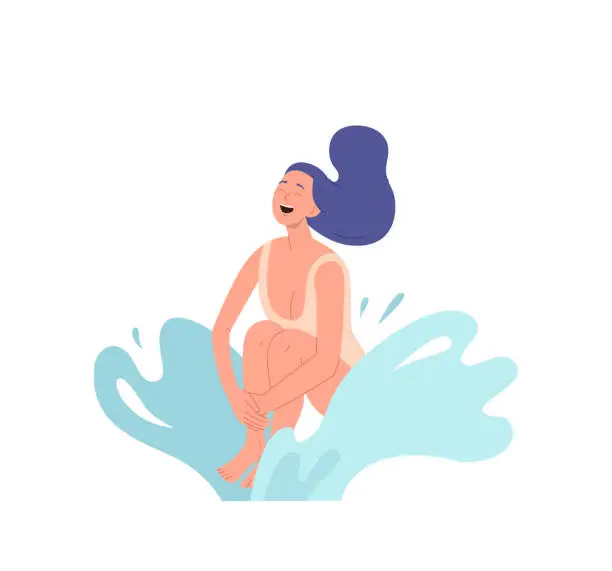 Vector illustration of Happy laughing woman jumping to water enjoying pool party and weekends on summertime vacation