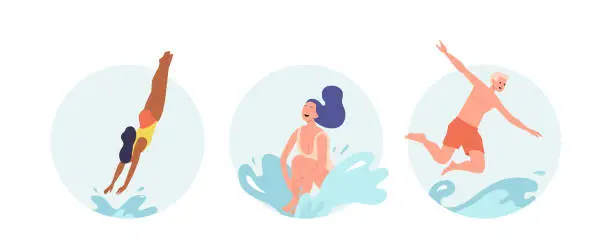 Vector illustration of Isolated set of round icon composition with young people character jumping to sea or pool water