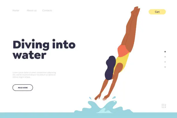 Vector illustration of Diving into water landing page design template offering summer recreation and vacation activity