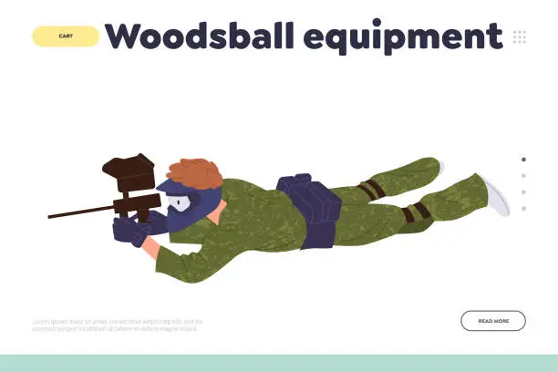 Vector illustration of Woodsball equipment landing page design template for online shop offering extreme sports tools