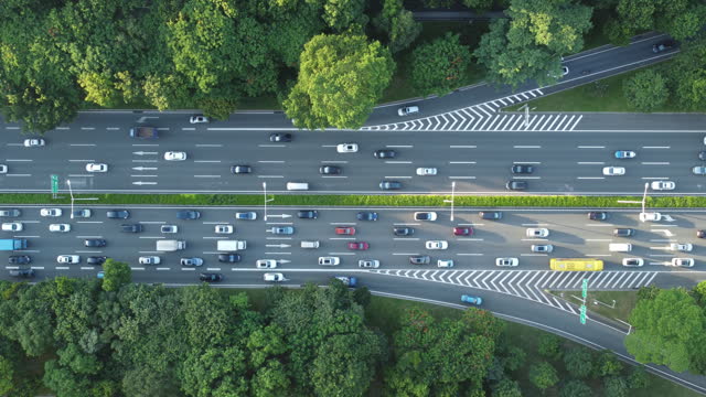 UAV aerial view of Shenzhen urban main road, lush green roadside trees and busy traffic on both sides of the main road. Shenzhen, Guangdong Province, China