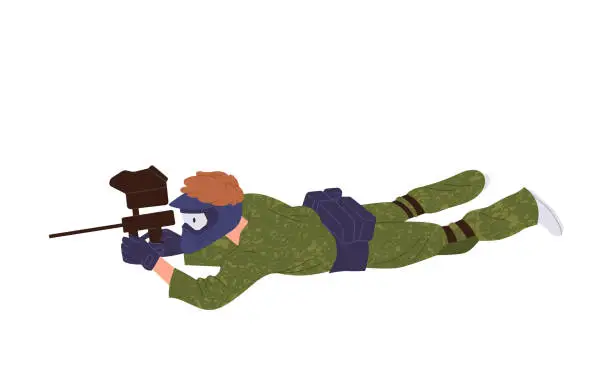 Vector illustration of Paintball sniper player shooting with riffle gun lying on floor isolated vector illustration