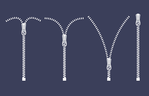 Open zipper teeth metal fastener isolated illustration. Unzip sewing black lock plastic zip buckle.