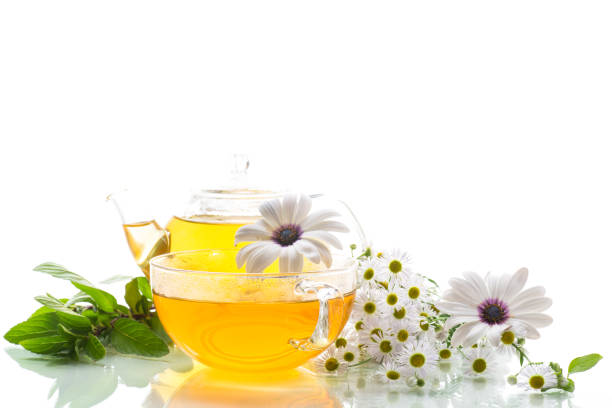 istock Chamomile flower tea in glass cup and teapot, on white background. 1598871394