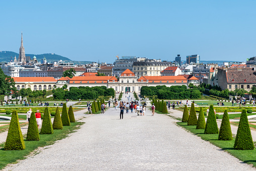 August 7, 2023: Vienna, Austria  -The Belvedere Palace garden. Photo taken during a summer day.