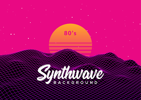 Synth wave retro grid background. Synthwave 80s vapor vector game poster neon futuristic laser space arcade.