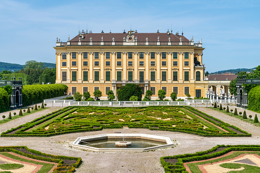 Vienna, Austria - June 2022: View with Belvedere Palace (Schloss Belvedere) built in Baroque architectural style and located in Vienna, Austria
