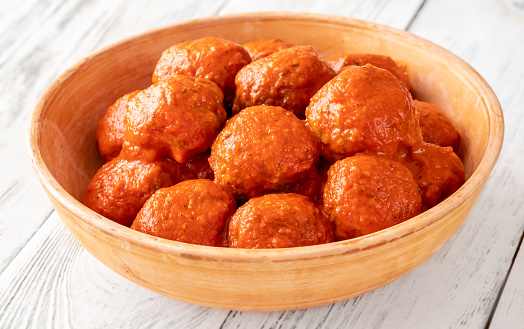 Bowl of keftedes - greek meatballs with tomato sauce