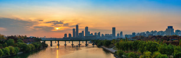 Seoul South Korea, sunrise city skyline of skyscraper at Yeouido and Han River stock photo