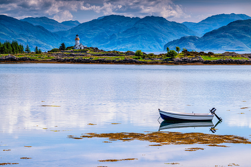 Norway , view of Lofoten Islands in Norway with traveller