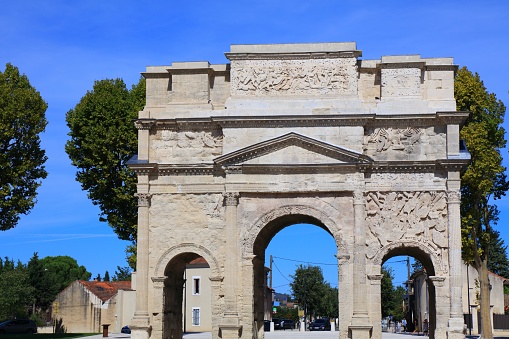 Orange town in Provence, France. UNESCO world heritage site - ancient Roman triumphal arch.